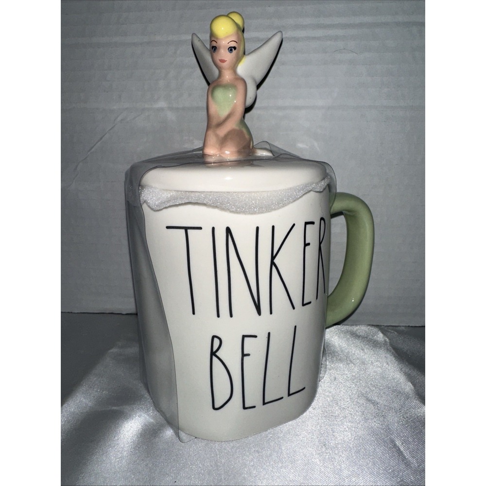 Rae Dunn Disney Tinker Bell Ceramic Mug with Topper Lid Green Handle New